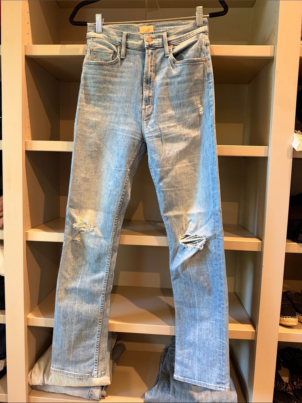 MOTHER Light Blue Straight Leg Jeans with Knee Rips